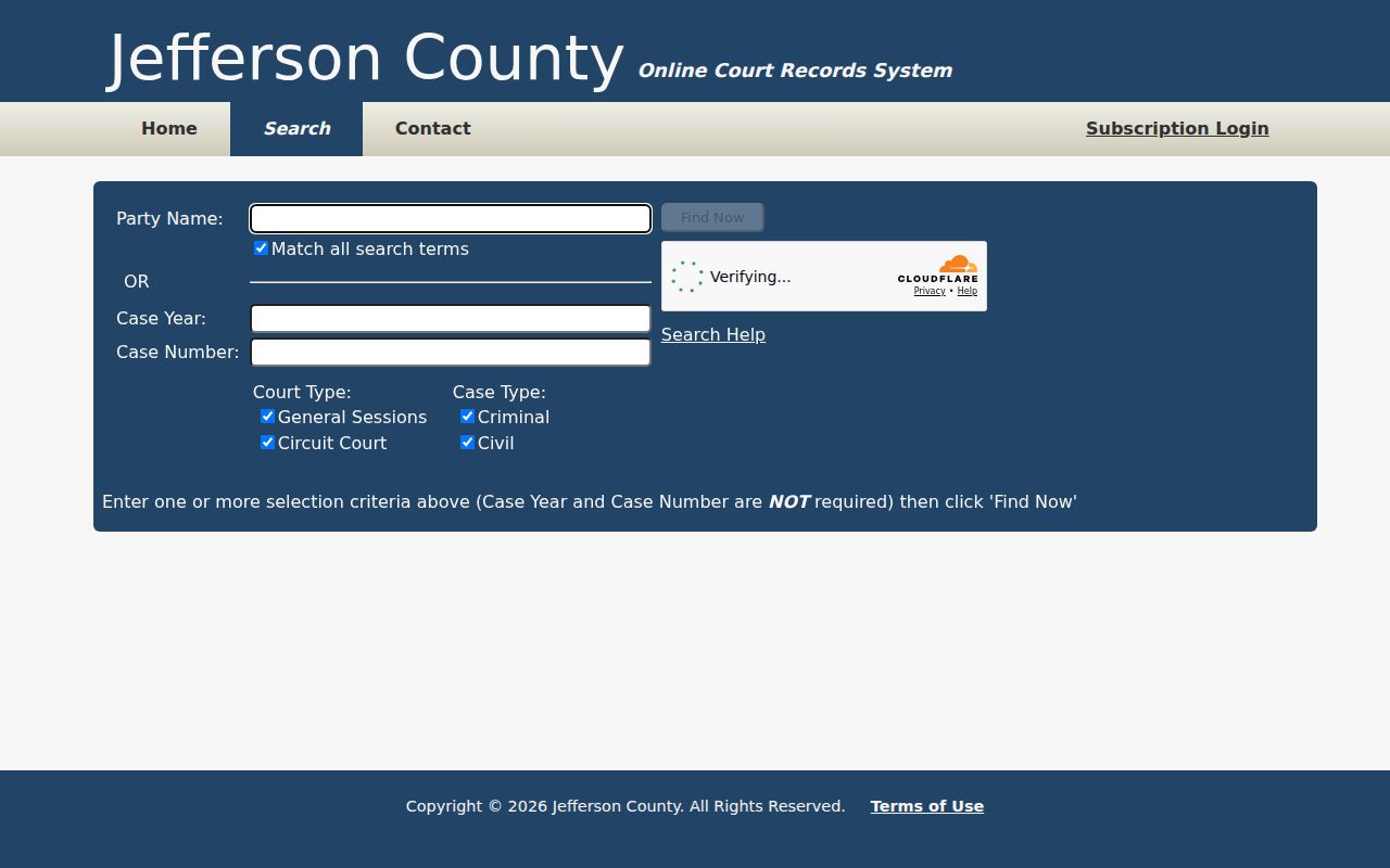Jefferson County criminal court case search fields for Circuit and General Sessions
