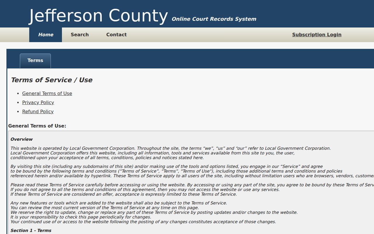 Jefferson County criminal court records portal informational-use notice